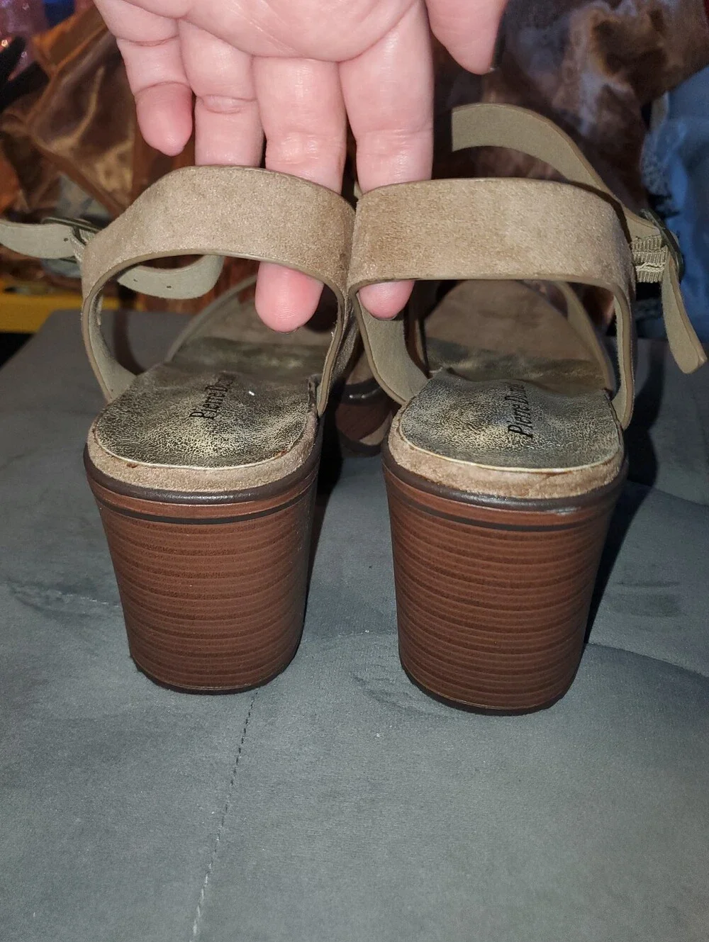 *Brand New* Pierre Dumas ankle strap brown suede + wood platform heels - Size 10
